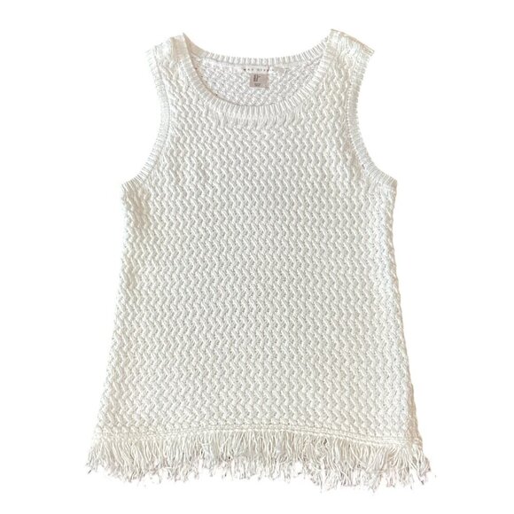 Max Studio White Basketweave Knit Fringed Hem Sleeveless Top Sz S #19096 - Picture 2 of 7